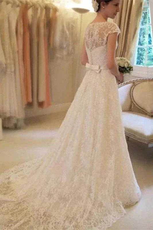 Applique Short Sleeves Square Lace Ribbon Wedding Dress - Image 2