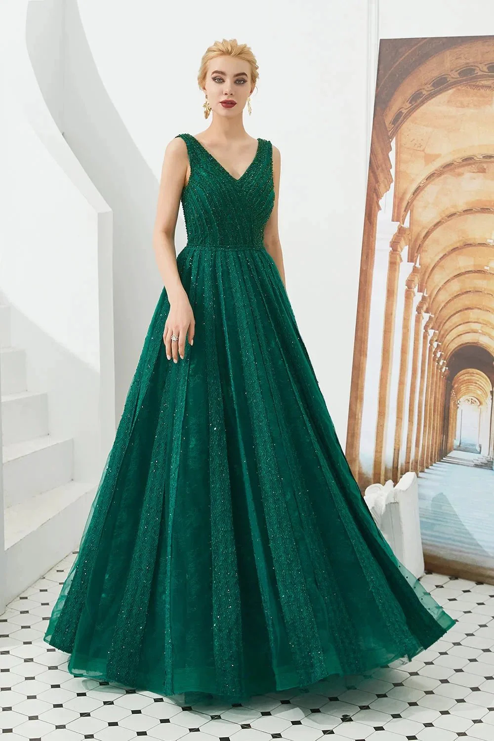 Classic Long A-line V-neck Tulle Prom Dress - Image 3