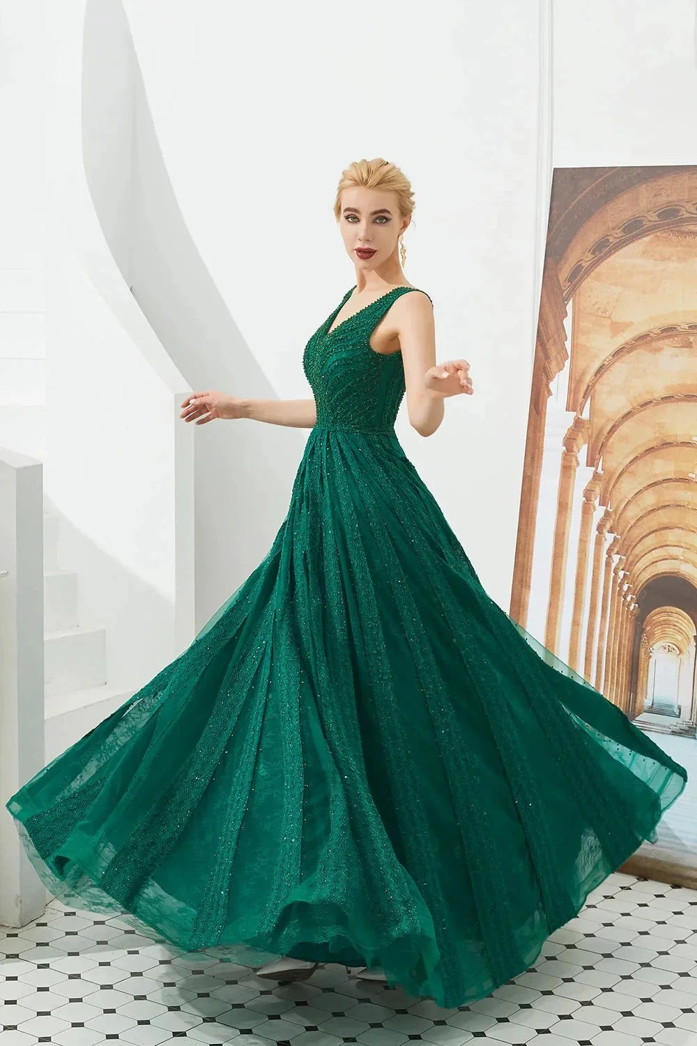 Classic Long A-line V-neck Tulle Prom Dress - Image 6
