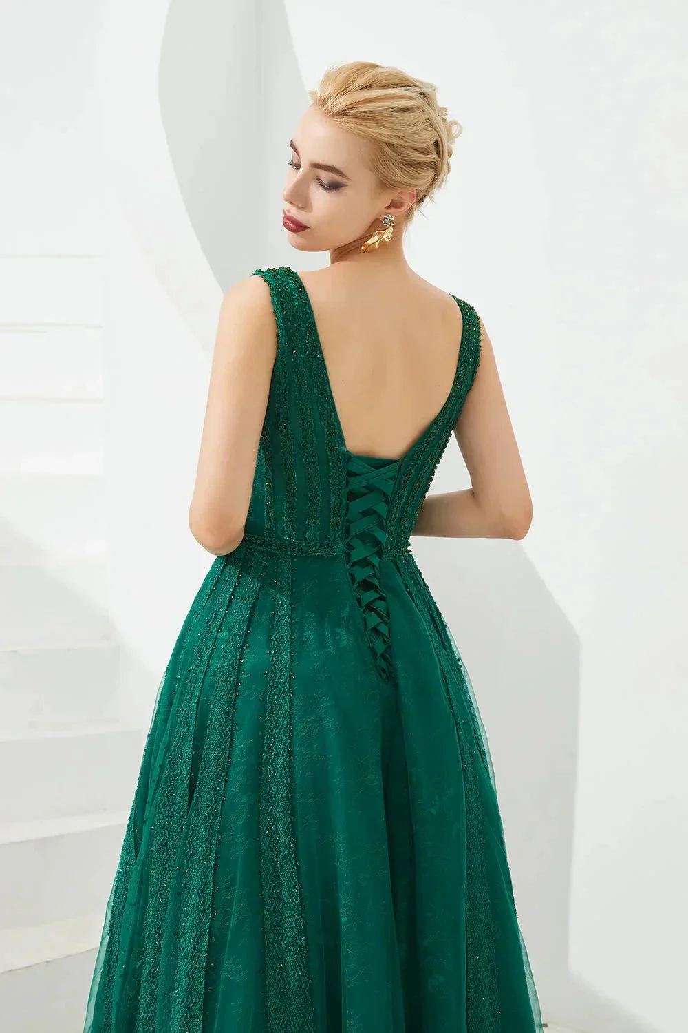 Classic Long A-line V-neck Tulle Prom Dress - Image 8