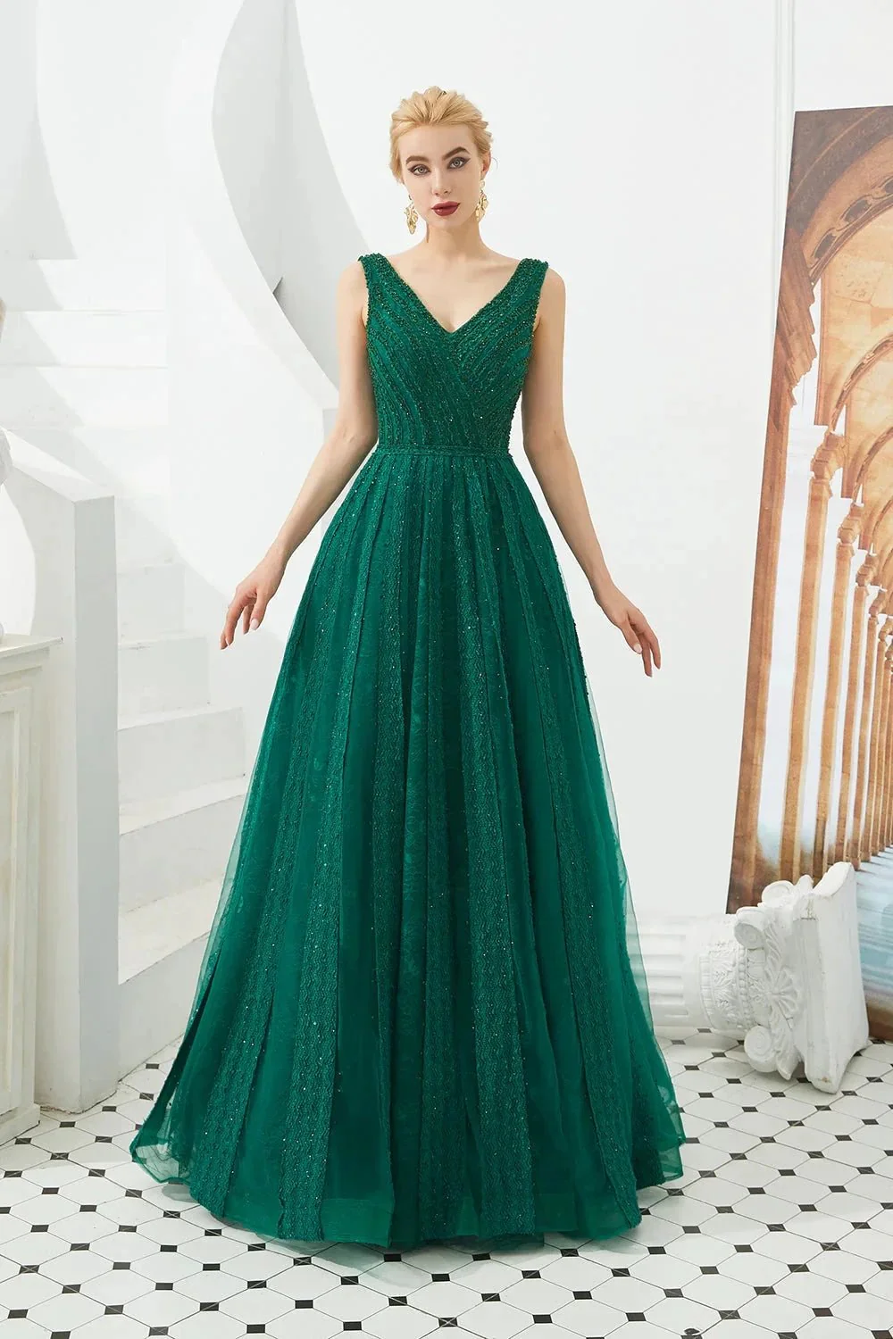 Classic Long A-line V-neck Tulle Prom Dress - Image 9