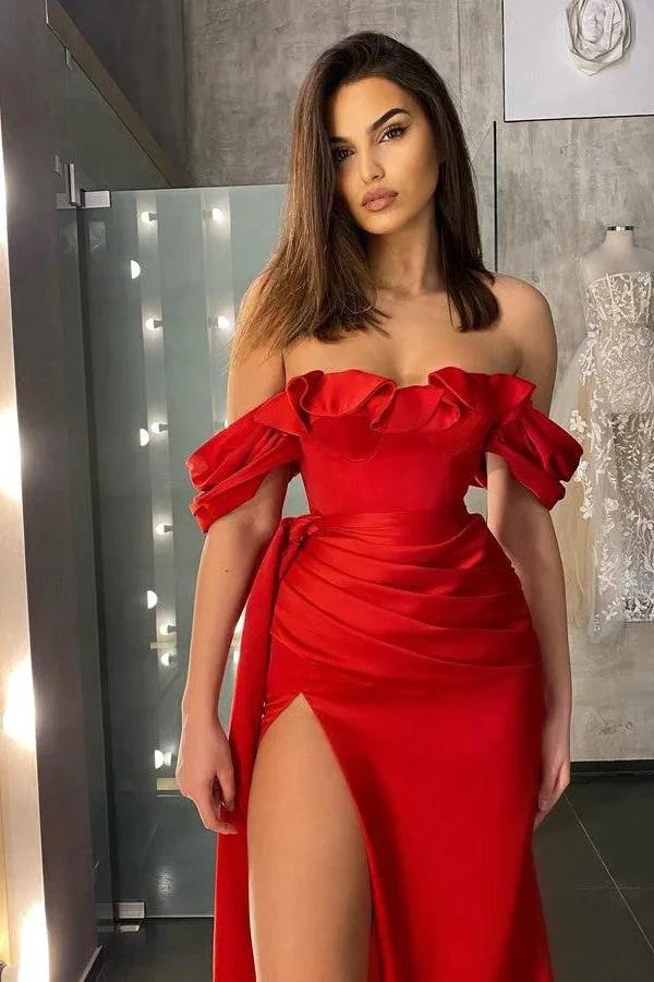 Classic Red Off The Shoulder Ruffles Long Mermaid Prom Dress With Slit - Image 5