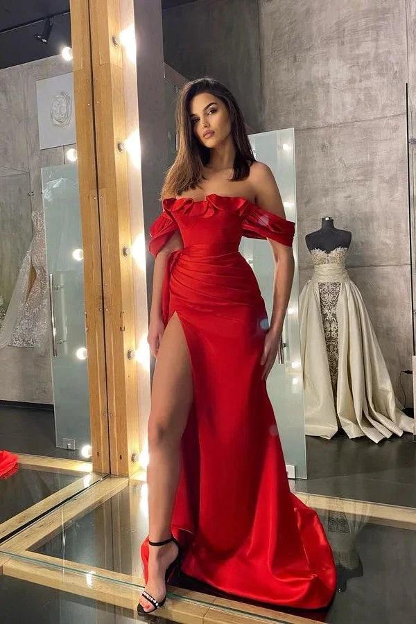 Classic Red Off The Shoulder Ruffles Long Mermaid Prom Dress With Slit - Image 6