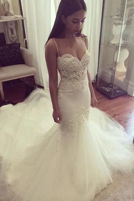 Pretty Spaghetti-Straps Sweetheart Wedding Dress Summer Sheath Tulle Bridal Gown - Image 2