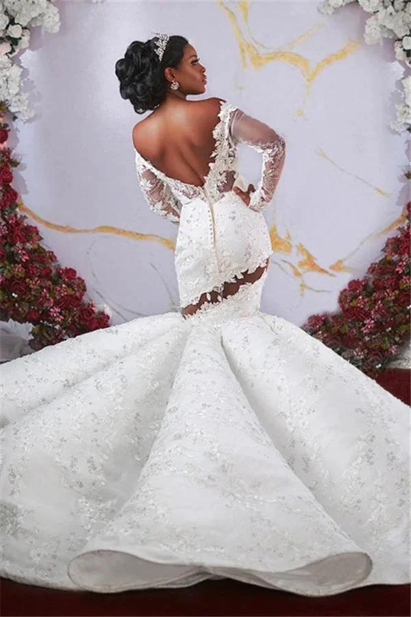 Gorgeous Off-the-Shoulder Long Sleeves Mermaid Ruffless Appliqued Beading Wedding Dress - Image 2