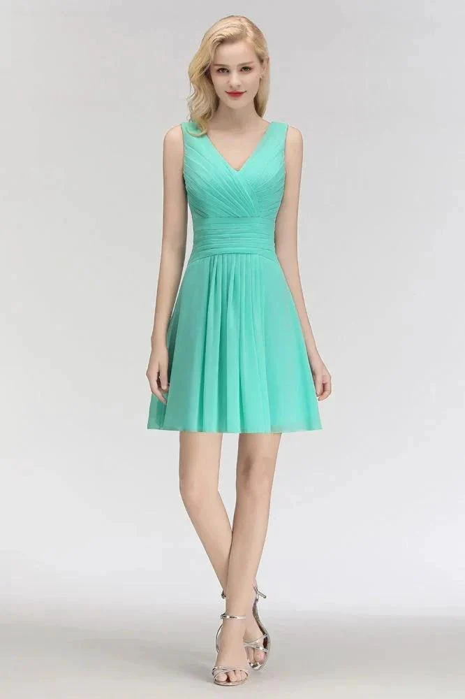 Classic V-Neck Floral Mini Cocktail Dress Sleeveless Chiffon Knee Length Homecoming Dress - Image 3