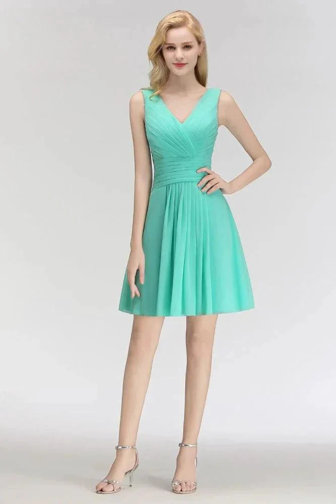 Classic V-Neck Floral Mini Cocktail Dress Sleeveless Chiffon Knee Length Homecoming Dress - Image 5