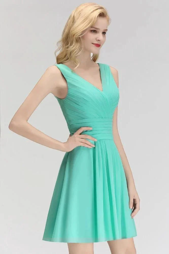 Classic V-Neck Floral Mini Cocktail Dress Sleeveless Chiffon Knee Length Homecoming Dress - Image 7