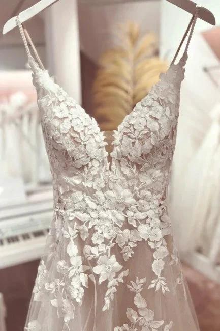 Classic v-neck spaghetti straps sleeveless a-line lace Wedding dresses - Image 3