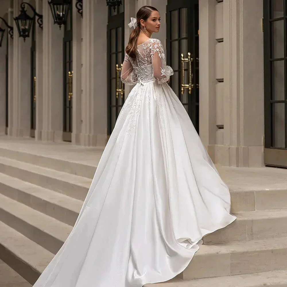 Classic Wedding Dresses Women O-Neck Full Sleeves Bride Dress Satin With Applique Sweep Train A-Line Custom Occasion Gowns - Image 2