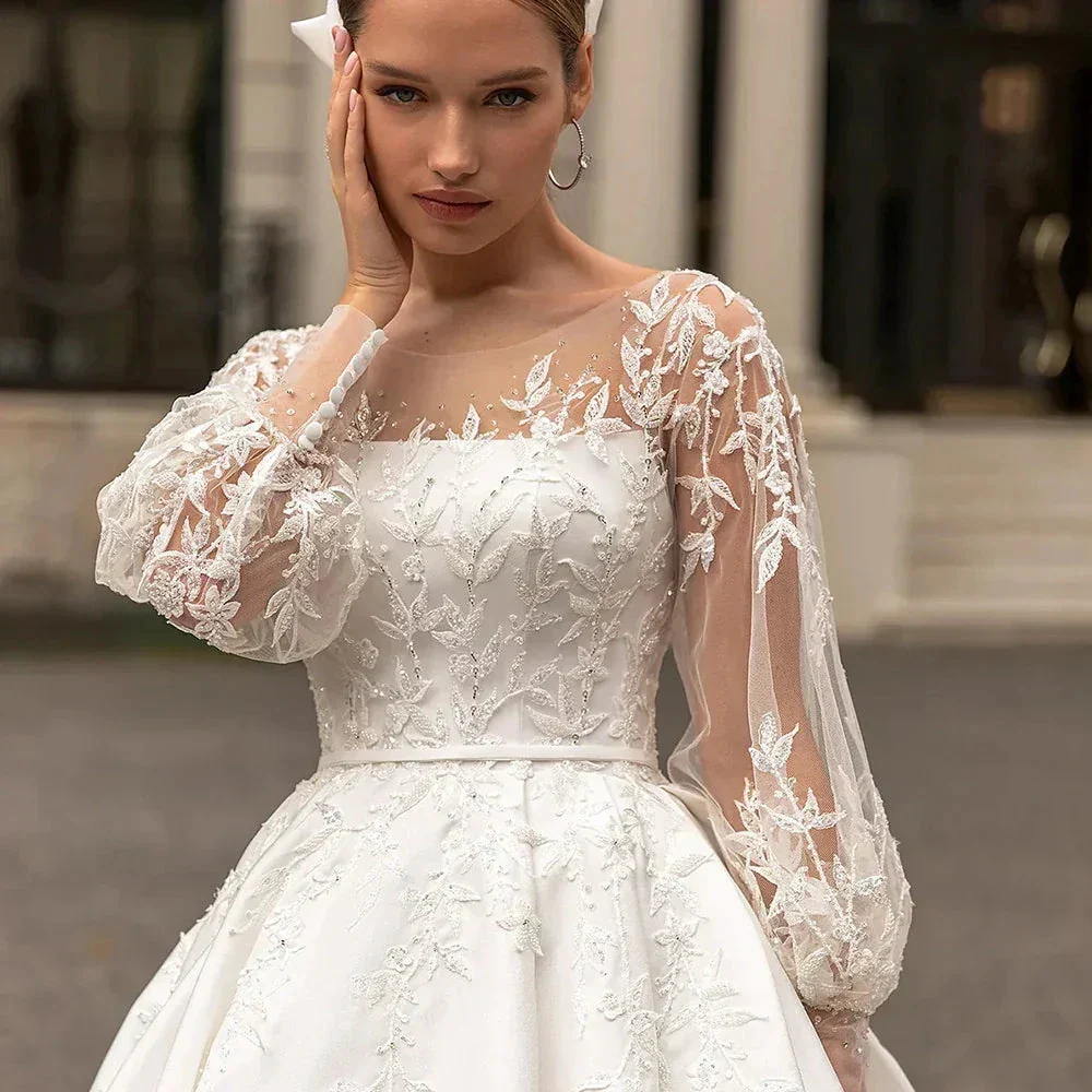 Classic Wedding Dresses Women O-Neck Full Sleeves Bride Dress Satin With Applique Sweep Train A-Line Custom Occasion Gowns - Image 3
