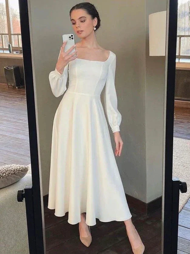 Classic White Square Neckline Wedding Dress,White Engagement Dress Y5479 - Image 2