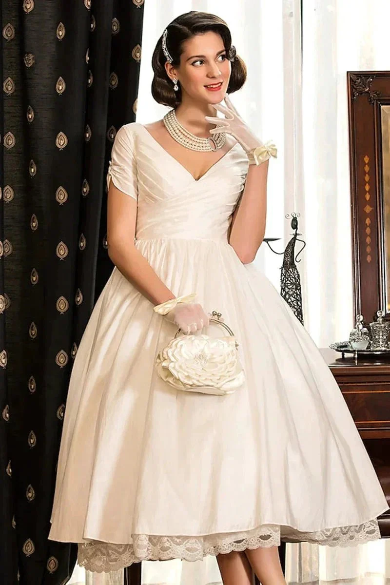 Classical A-Line V-Neck Short Sleeve Pleats Bohemain Wedding Dress WD677 - Image 2