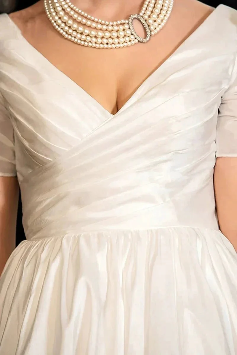 Classical A-Line V-Neck Short Sleeve Pleats Bohemain Wedding Dress WD677 - Image 4
