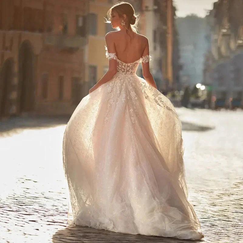 Classical Sweetheart A Line Wedding Dress Backless Lace Appliques Off The Shoulder Bridal Gowns Sweep Train - Image 2