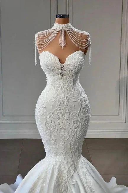 Classy Appliques Lace Tassel Sweetheart Sleeveless Chapel Mermaid Wedding Dresses - Image 2