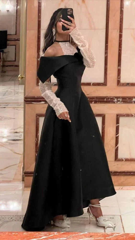 Classy Black A-line Satin Evening Dress Black Dinner Dress Y6700 - Image 2