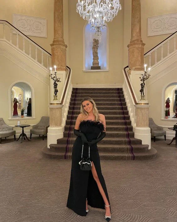 Classy Black Feather Formal Dress Black Evening Dress With Split Y6391 - Image 2