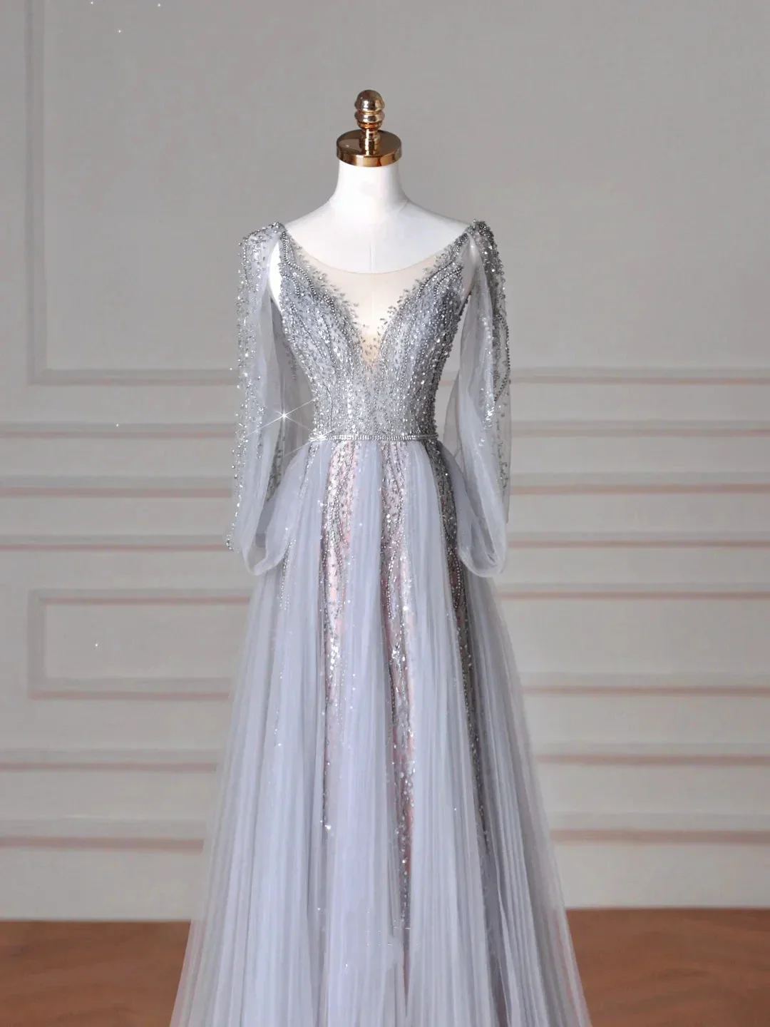 Classy Blue V Neck Sequins Beaded Tulle Prom Dress A Line Backless Evening Dress Y8644 - Image 3