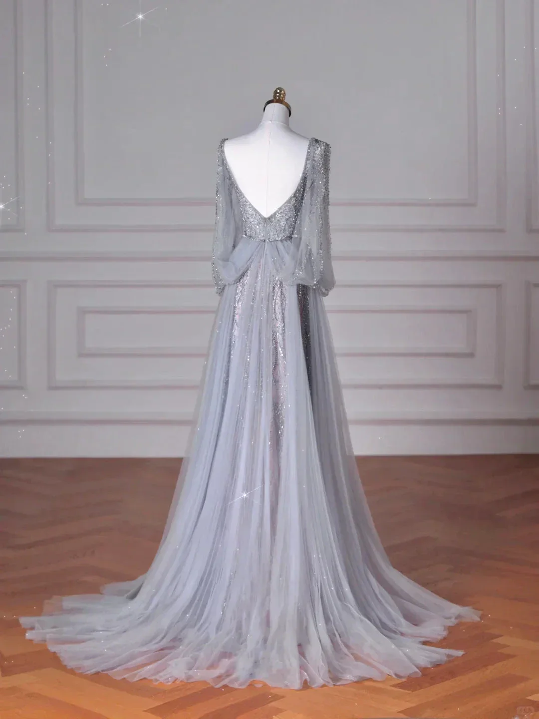 Classy Blue V Neck Sequins Beaded Tulle Prom Dress A Line Backless Evening Dress Y8644 - Image 4