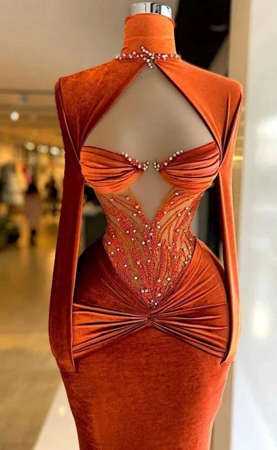 Classy Burnt Orange Velvet Long Evening Dress Pageant Dress Y991 - Image 2