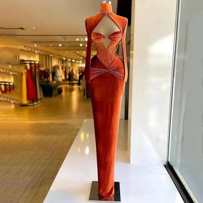 Classy Burnt Orange Velvet Long Evening Dress Pageant Dress Y991 - Image 3
