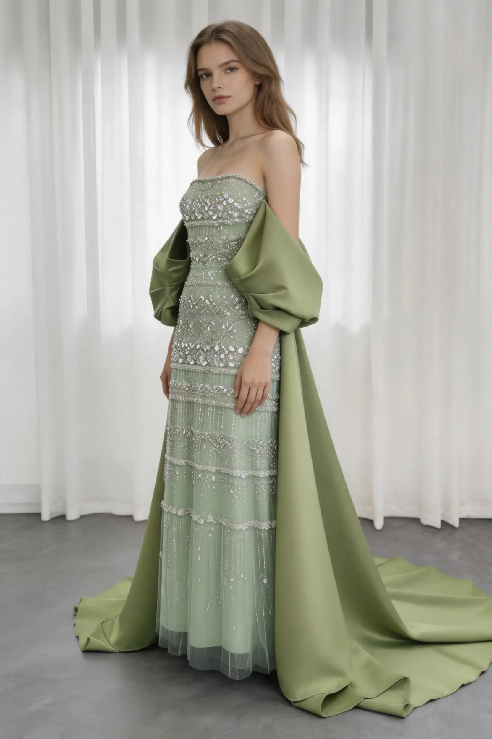 Sage Green Strapless Beaded Evening Gown with Oversized Satin Shawl and Court Train - Image 2