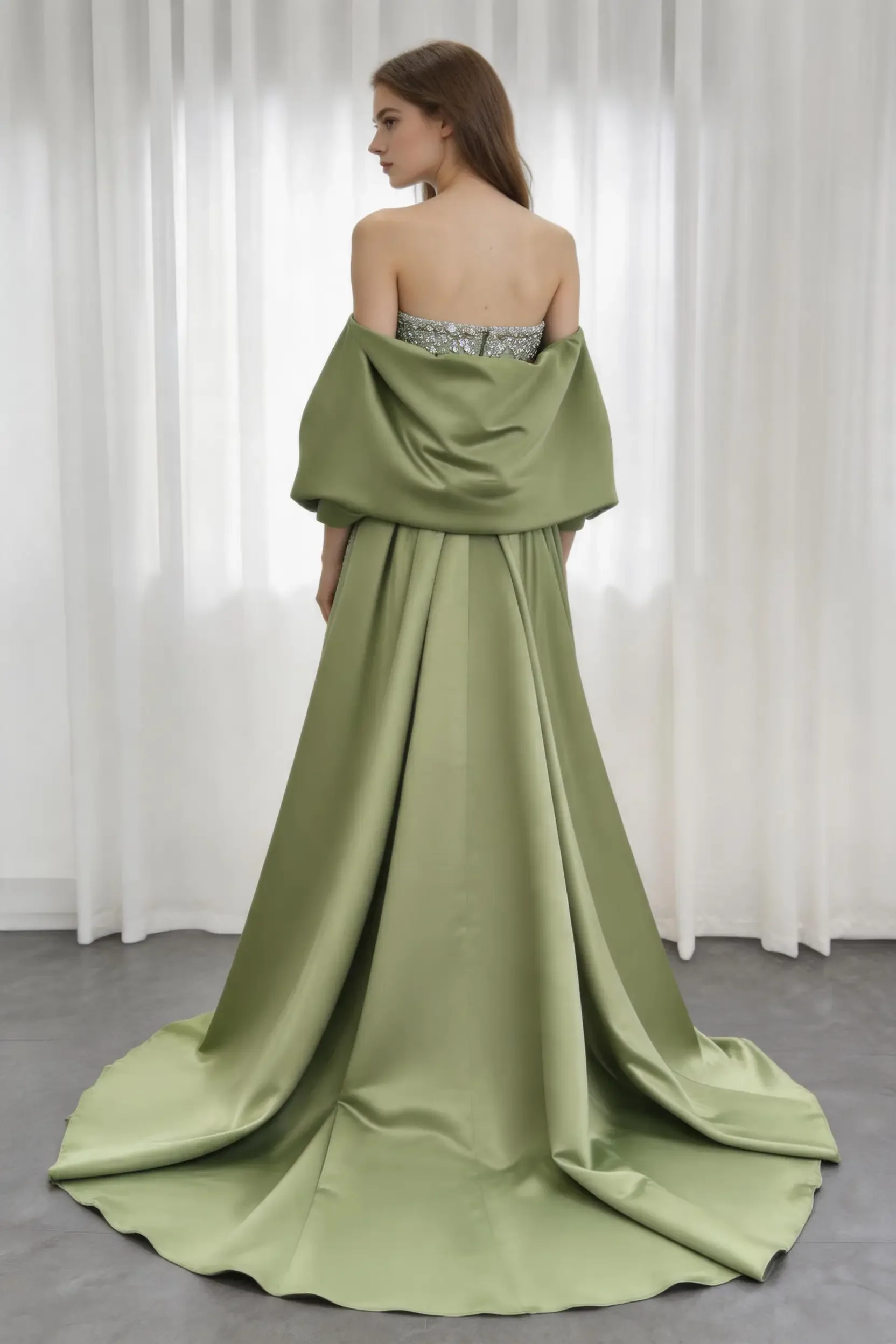 Sage Green Strapless Beaded Evening Gown with Oversized Satin Shawl and Court Train - Image 3