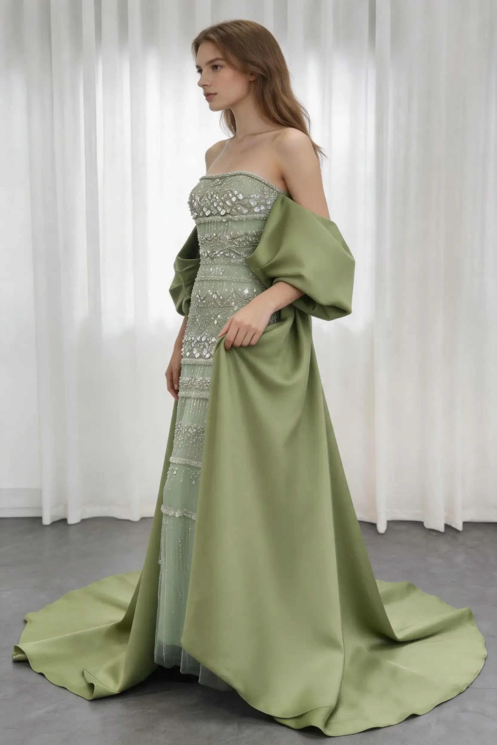 Sage Green Strapless Beaded Evening Gown with Oversized Satin Shawl and Court Train - Image 4