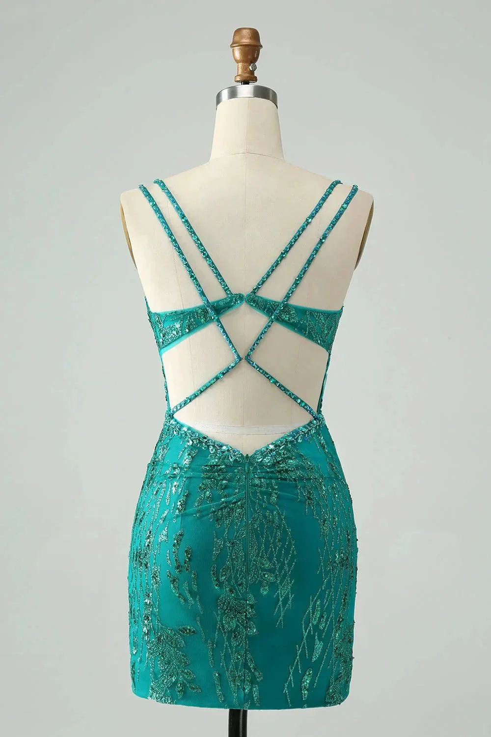 Classy Dark Green Bodycon Spaghetti Straps Corset Sequin Short Homecoming Dress - Image 2