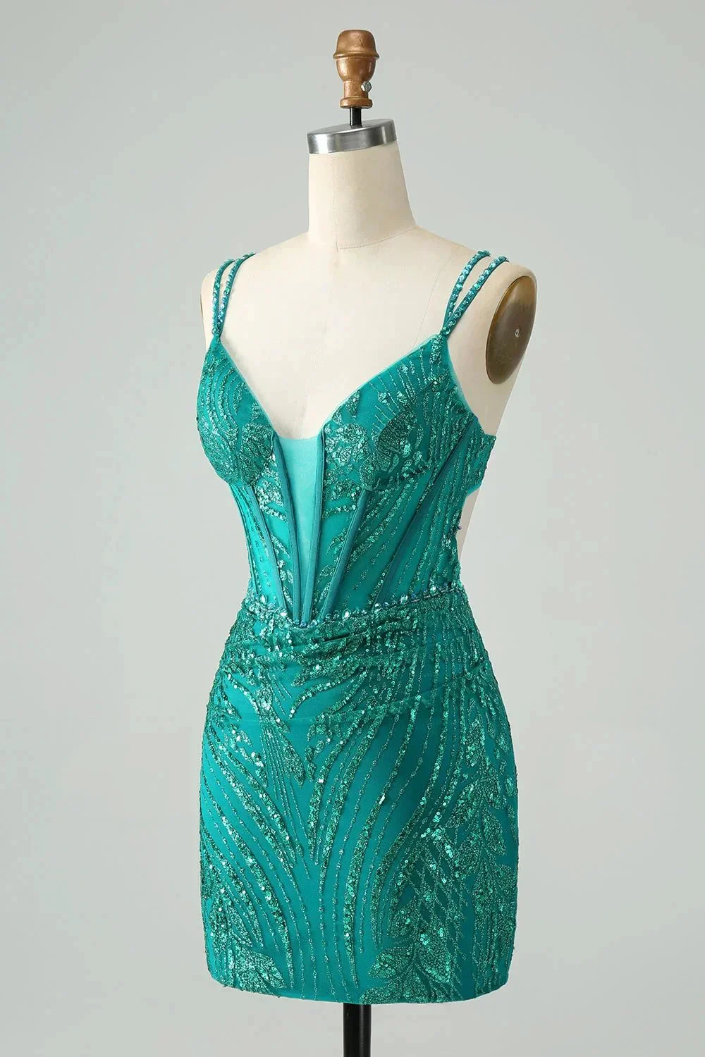 Classy Dark Green Bodycon Spaghetti Straps Corset Sequin Short Homecoming Dress - Image 3
