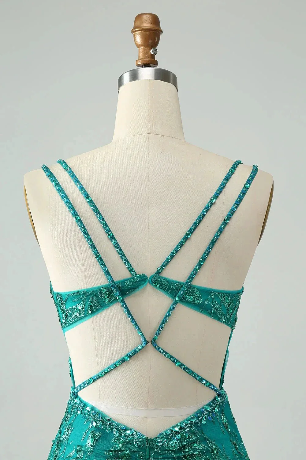 Classy Dark Green Bodycon Spaghetti Straps Corset Sequin Short Homecoming Dress - Image 5