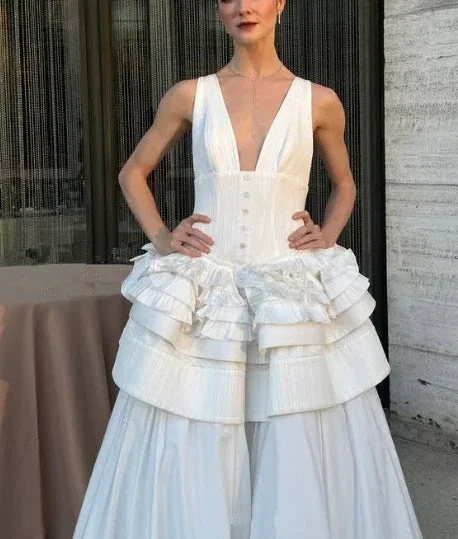 Classy Deep V Multi-Layered Satin A Line Evening Dress White Formal Prom Dress Y8145 - Image 3