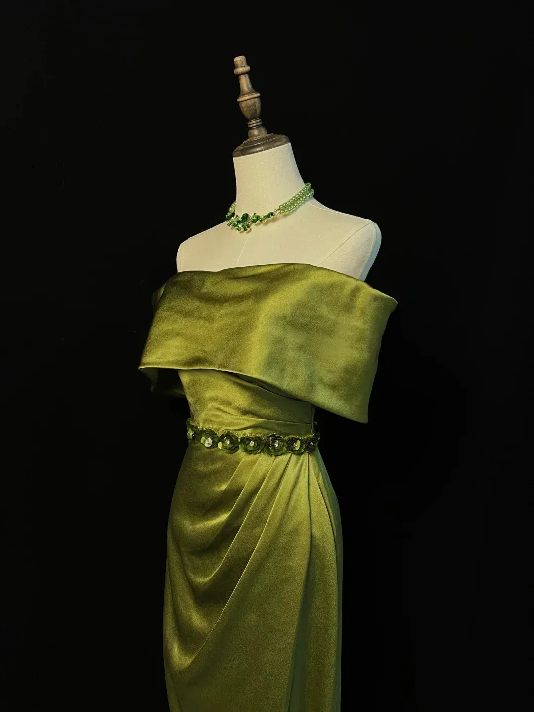 Classy Olive Green Satin Off The Shoulder Slit Prom Dress Slit Mermaid Evening Dress Y8650 - Image 2