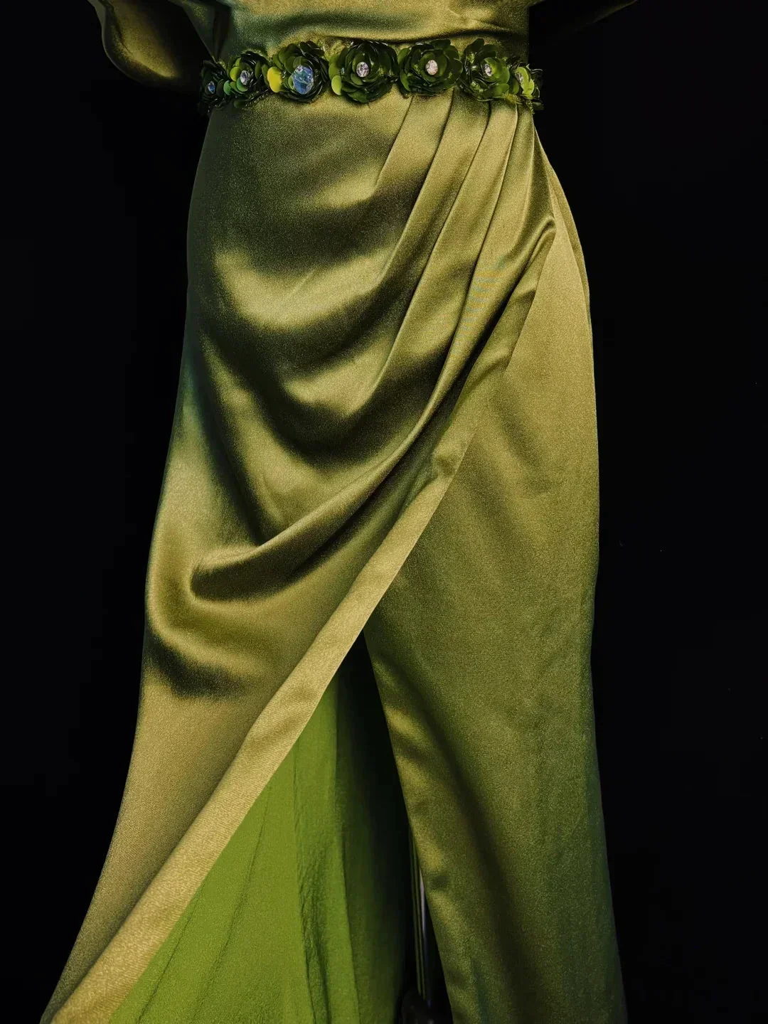 Classy Olive Green Satin Off The Shoulder Slit Prom Dress Slit Mermaid Evening Dress Y8650 - Image 4