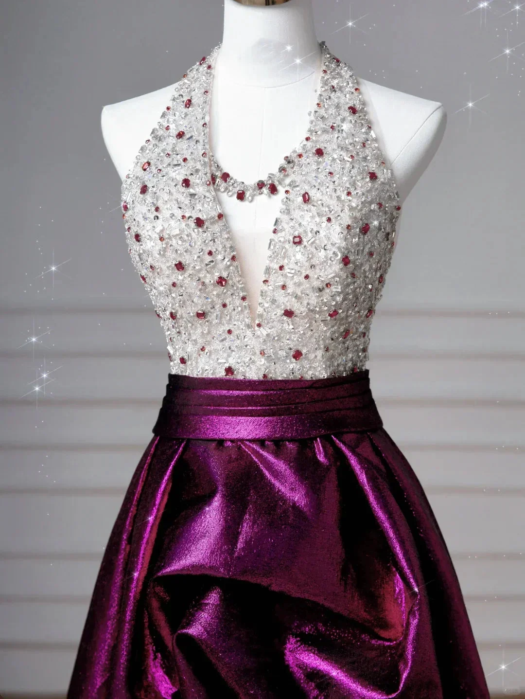 Classy Halter Purple Beaded Satin A Line Prom Dress Long Evening Dress Y8609 - Image 2