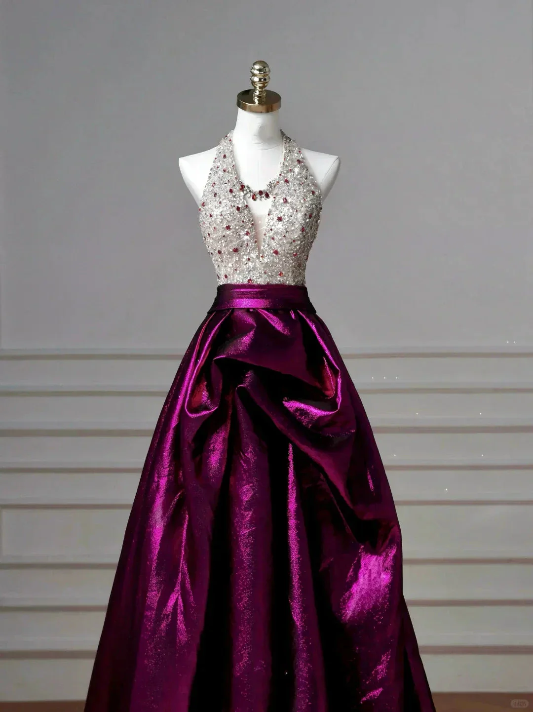 Classy Halter Purple Beaded Satin A Line Prom Dress Long Evening Dress Y8609 - Image 3
