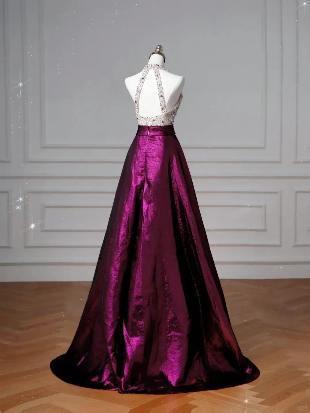 Classy Halter Purple Beaded Satin A Line Prom Dress Long Evening Dress Y8609 - Image 4