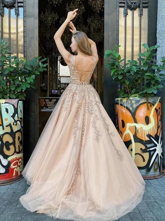Classy Long A-line Bateau Appliques Lace Tulle Backless Prom Dress - Image 2