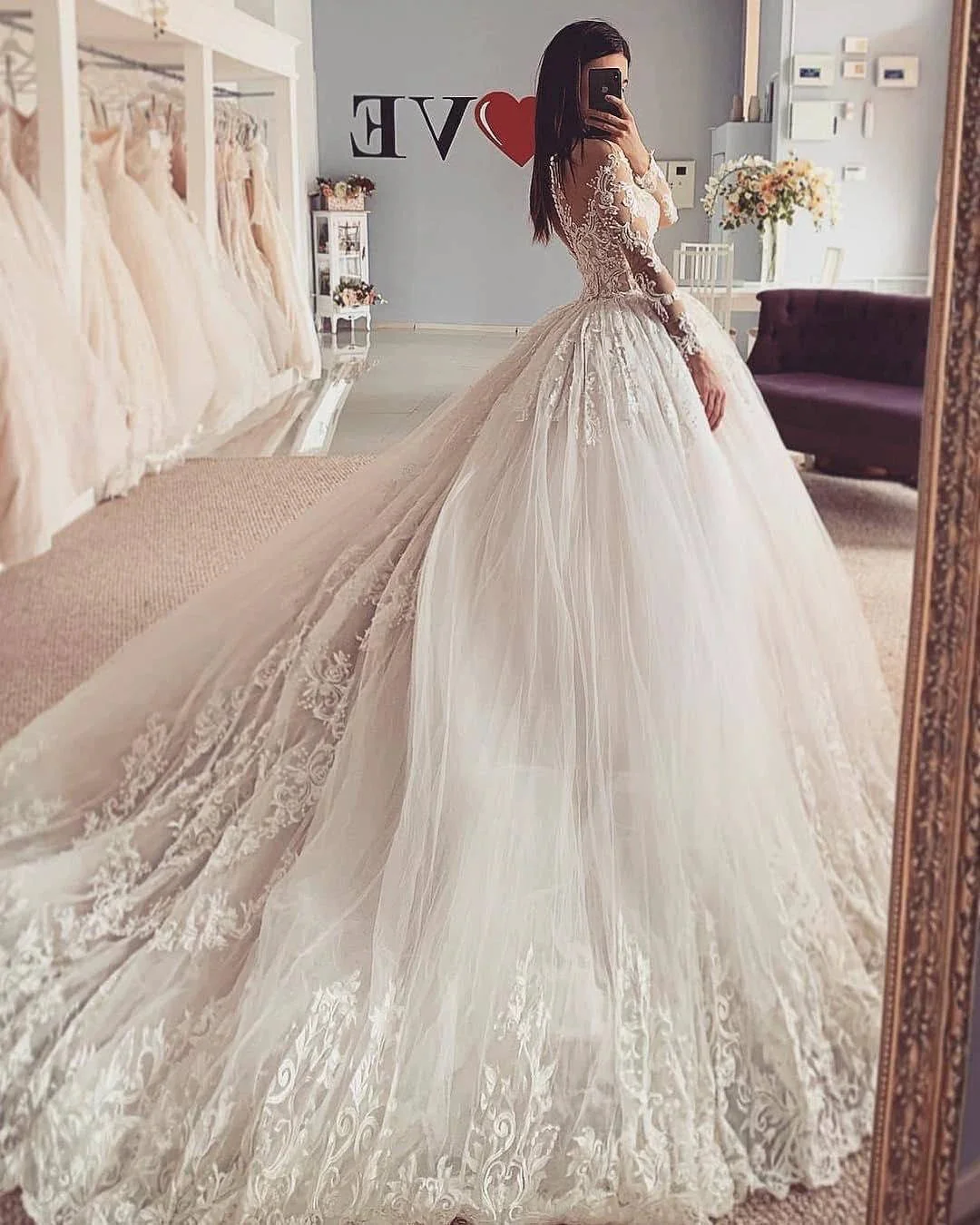 Classy Long A-Line Bateau Appliques Lace Tulle Wedding Dress with Sleeves - Image 2