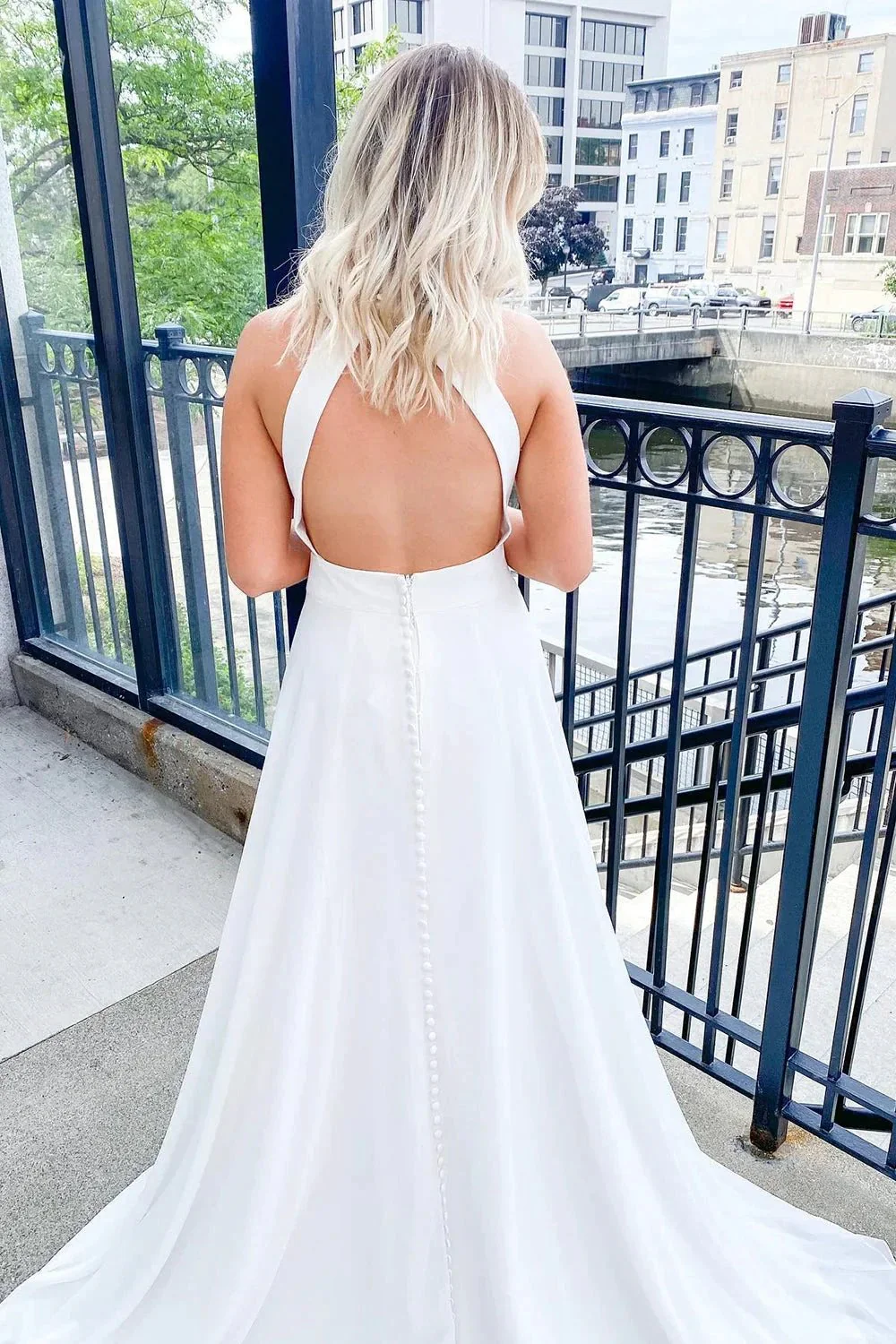 Classy Long A-line Halter Open Back Satin Wedding Dress - Image 2