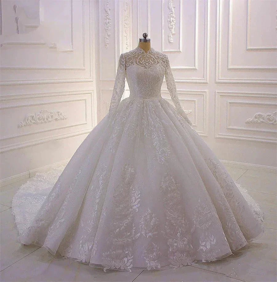 Classy Long A-line High Neck Appliques Lace Pearl Sequins Ruffles Wedding Dress with Sleeves - Image 2