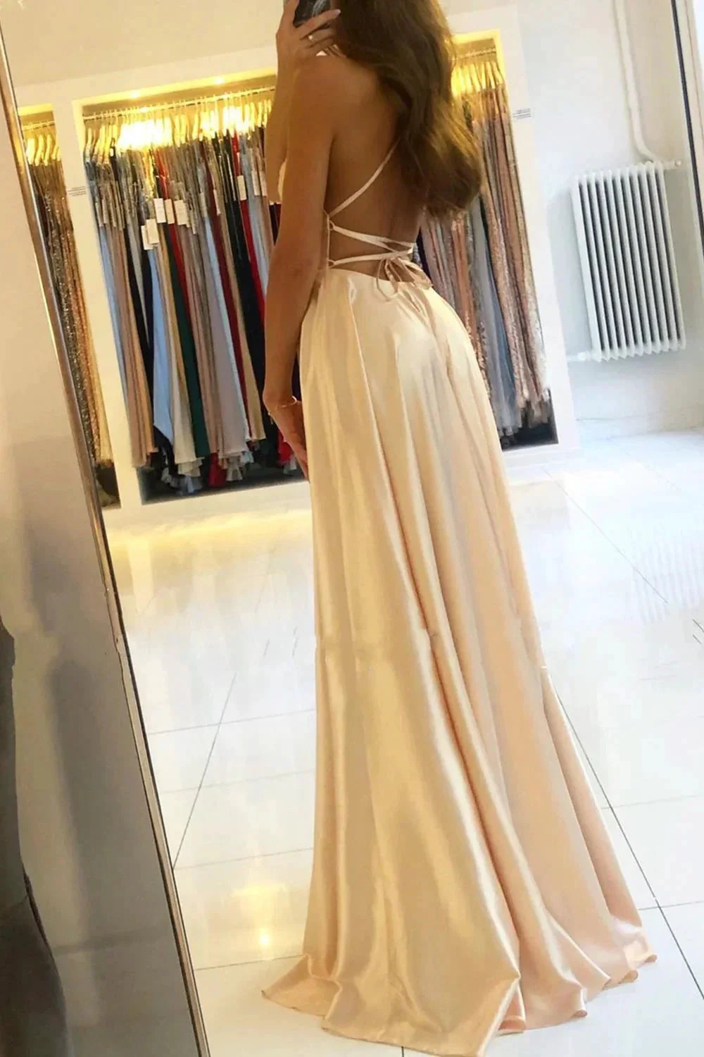 Classy Long A-line Satin Open Back Prom Dress with Slit - Image 2