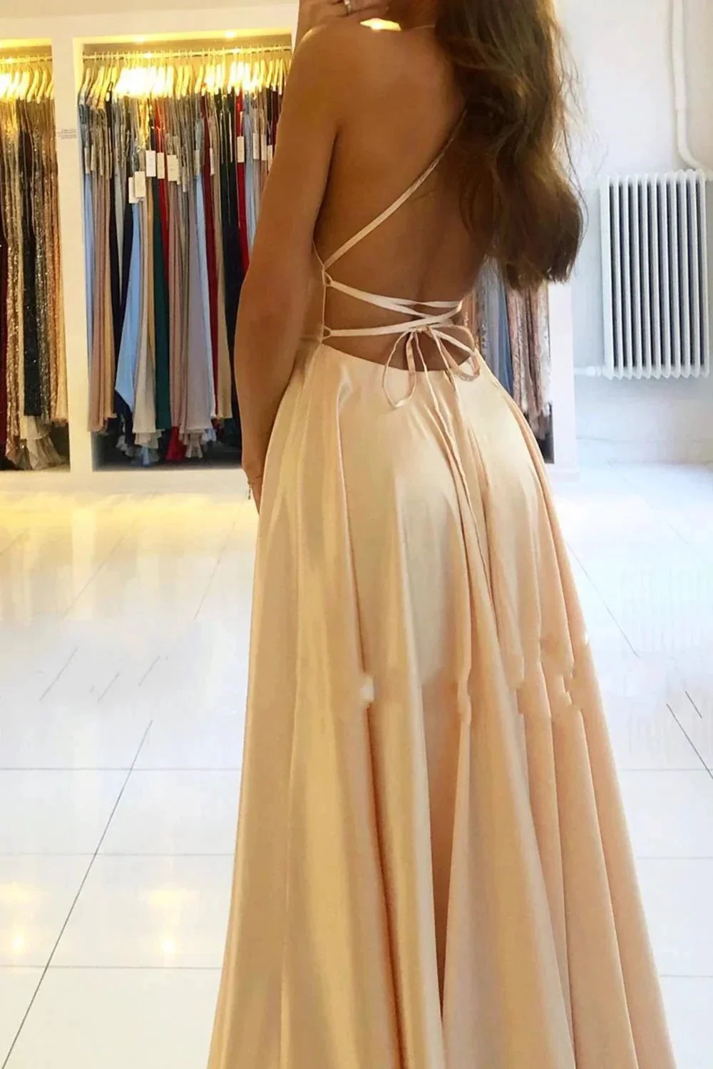Classy Long A-line Satin Open Back Prom Dress with Slit - Image 3