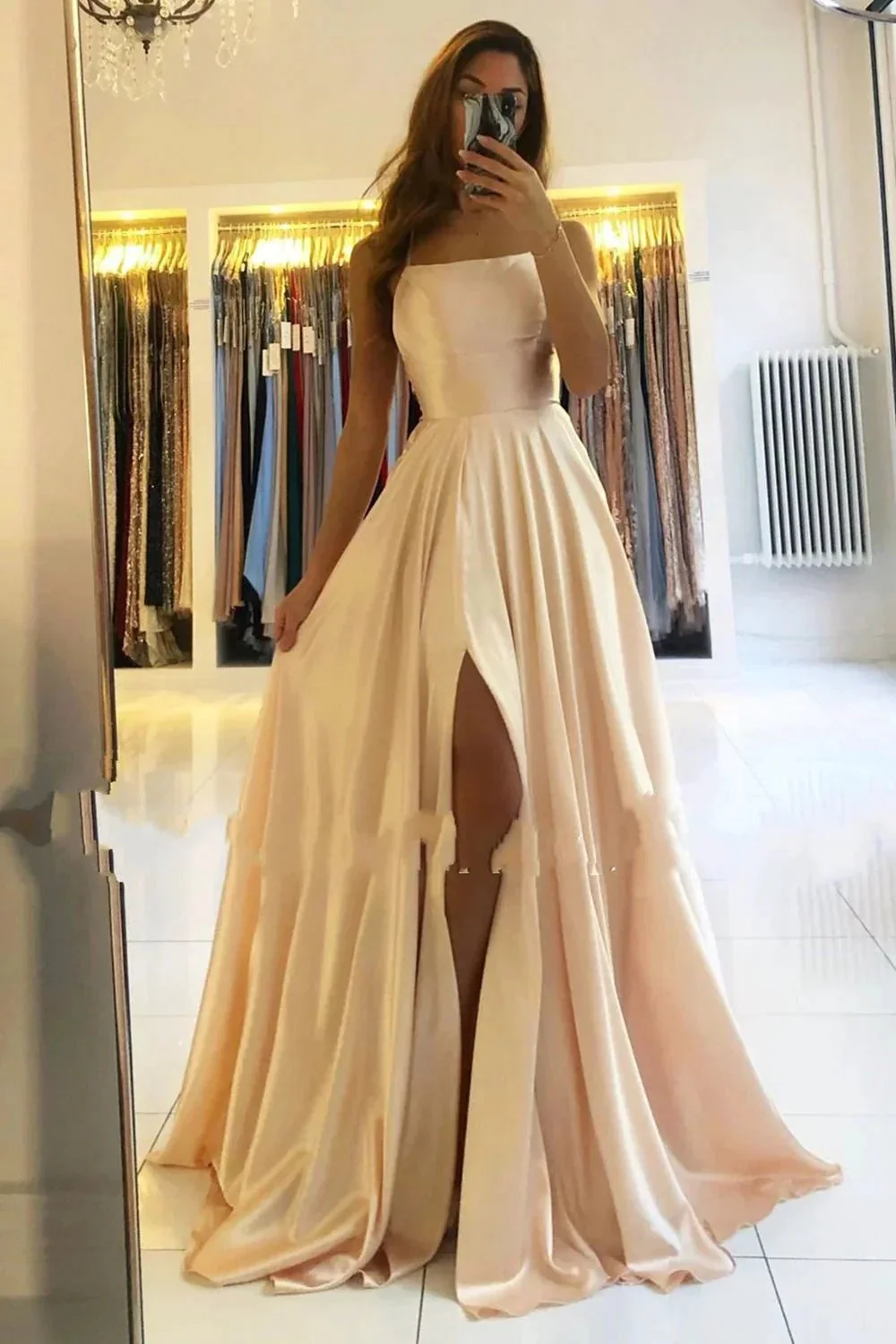 Classy Long A-line Satin Open Back Prom Dress with Slit - Image 4
