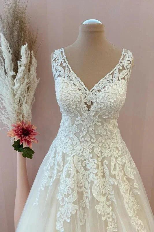 Classy Long A-Line Sweetheart Appliques Lace Tulle Backless Wedding Dress - Image 2
