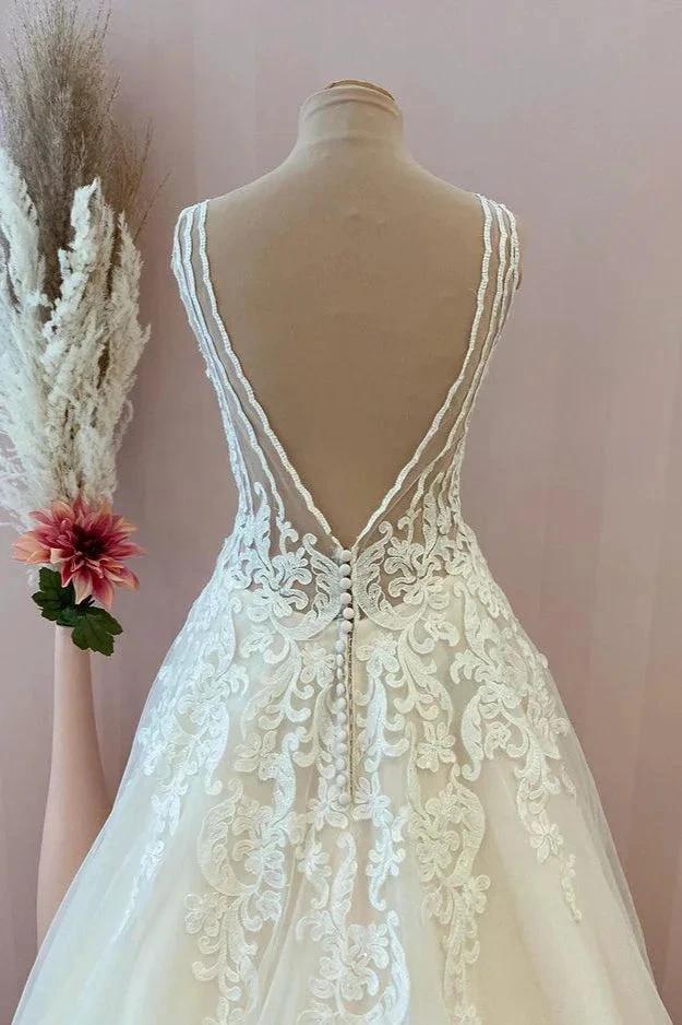 Classy Long A-Line Sweetheart Appliques Lace Tulle Backless Wedding Dress - Image 3
