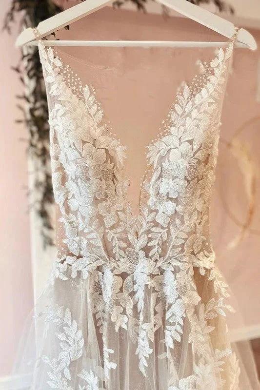 Classy Long A-line Tulle Appliques Lace Wedding Dress - Image 2