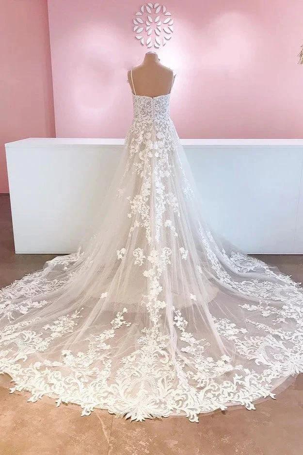 Classy Long A-Line Tulle Spaghetti Straps Appliques Lace Backless Wedding Dress - Image 2