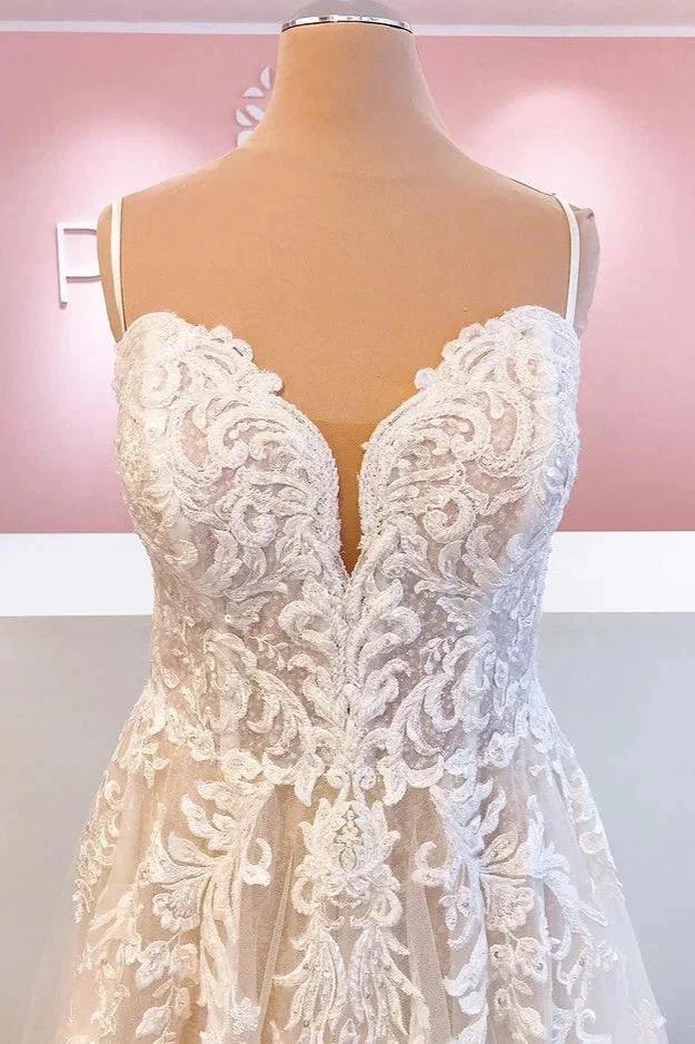 Classy Long A-Line Tulle Spaghetti Straps Appliques Lace Backless Wedding Dress - Image 3
